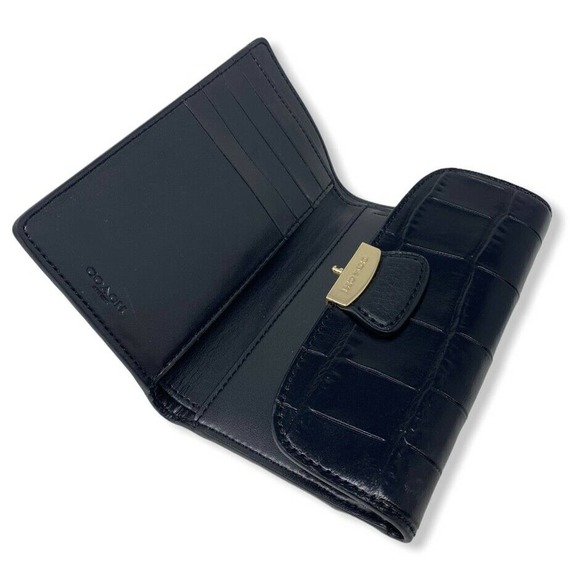 Coach Women's Medium Envelope Crocodile & Refined Pebble Leather Wallet - Black - Picture 5 of 6